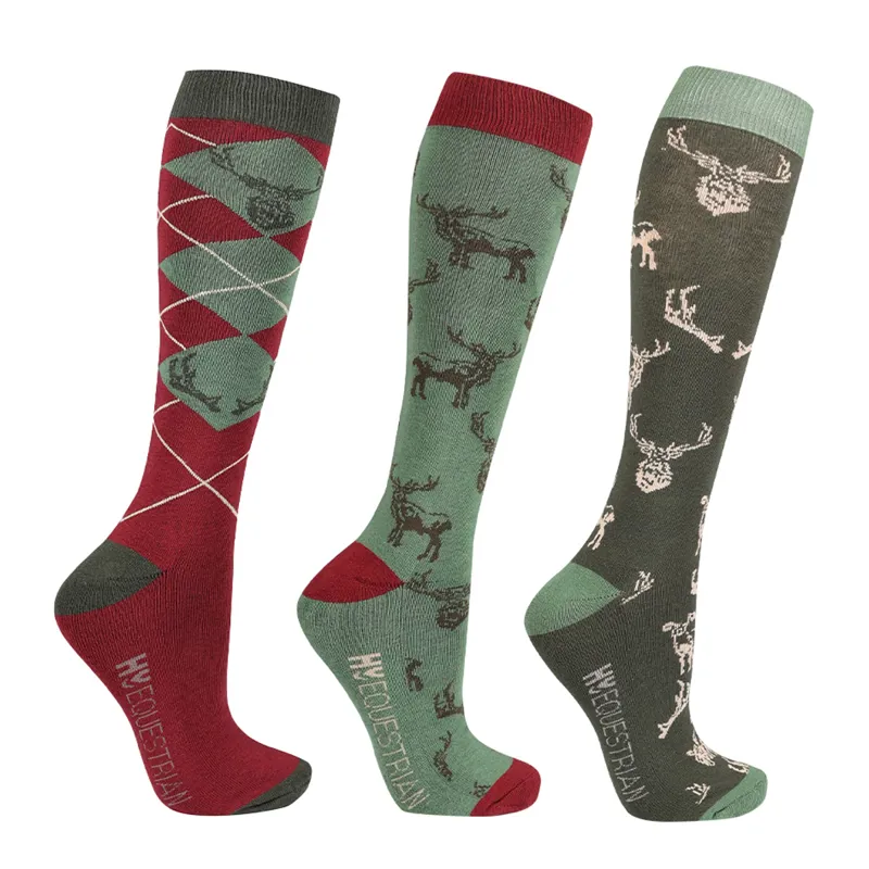 Hy Equestrian Divine Deer Socks Pack Of 3 - Adult 4-8 - Moss/Merlot/Fawn