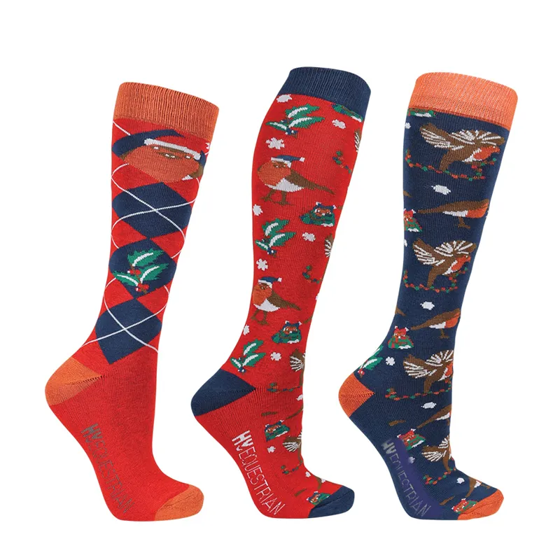 Hy Equestrian Ruby The Robin Christmas Socks Pack Of 3 - Adult 4- 8 - Navy/Red/Green