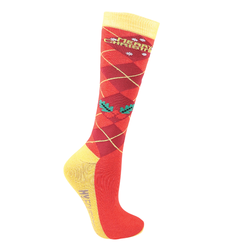 Hy Equestrian Christmas Cross Stitch Socks Pack Of 3 - Adult 4- 8 - Red/Green/Gold-1
