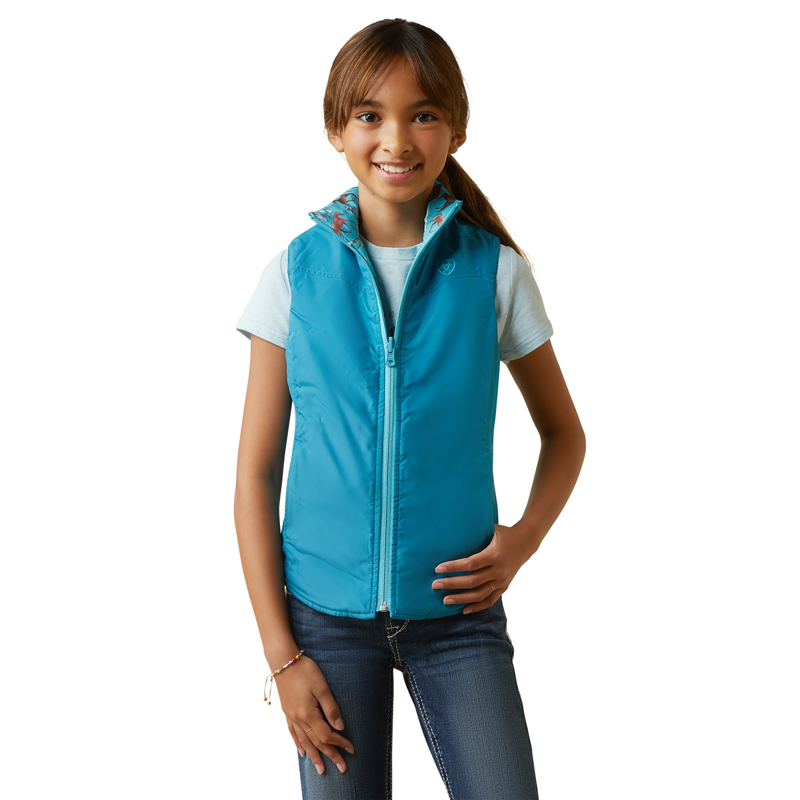 Ariat Youth Bella Reversible Insulated Gilet - Mosaic Blue/Aqua Foam Herd Print-2