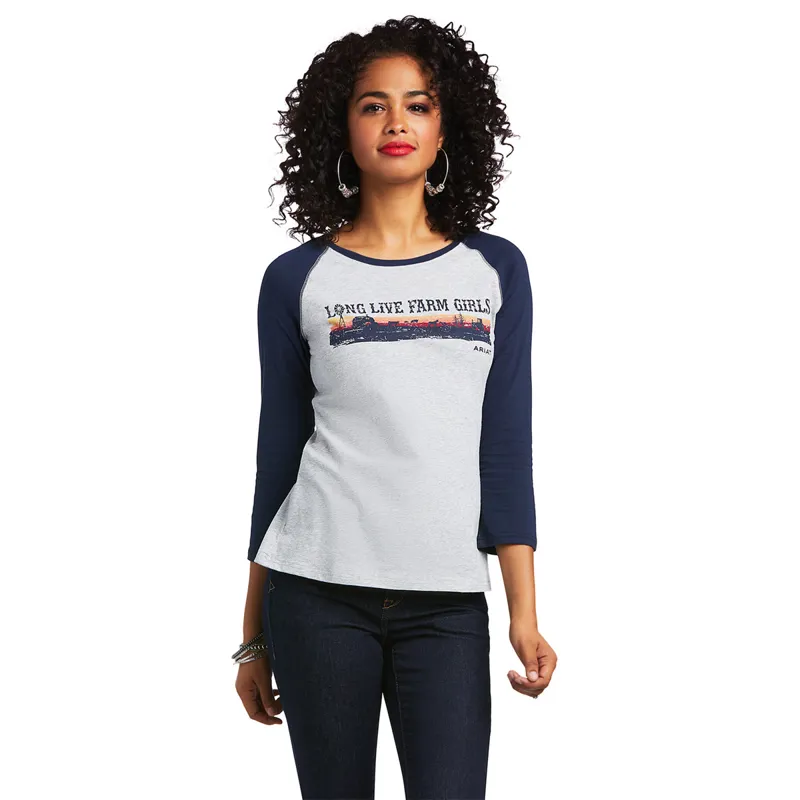 Ariat Womens Real Long Live Base Ball Tee - Heather Grey/Navy