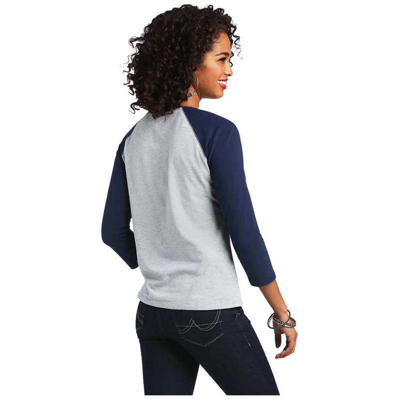 Ariat Womens Real Long Live Base Ball Tee - Heather Grey/Navy-1