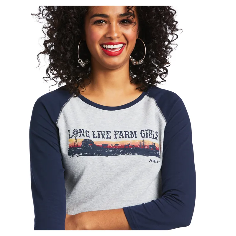 Ariat Womens Real Long Live Base Ball Tee - Heather Grey/Navy-2