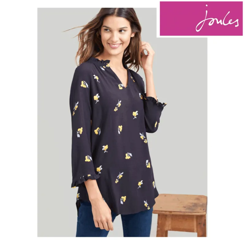 Joules Bethan Pop Over Shirt With Ruffle Detail - Grey Pom Floral-1