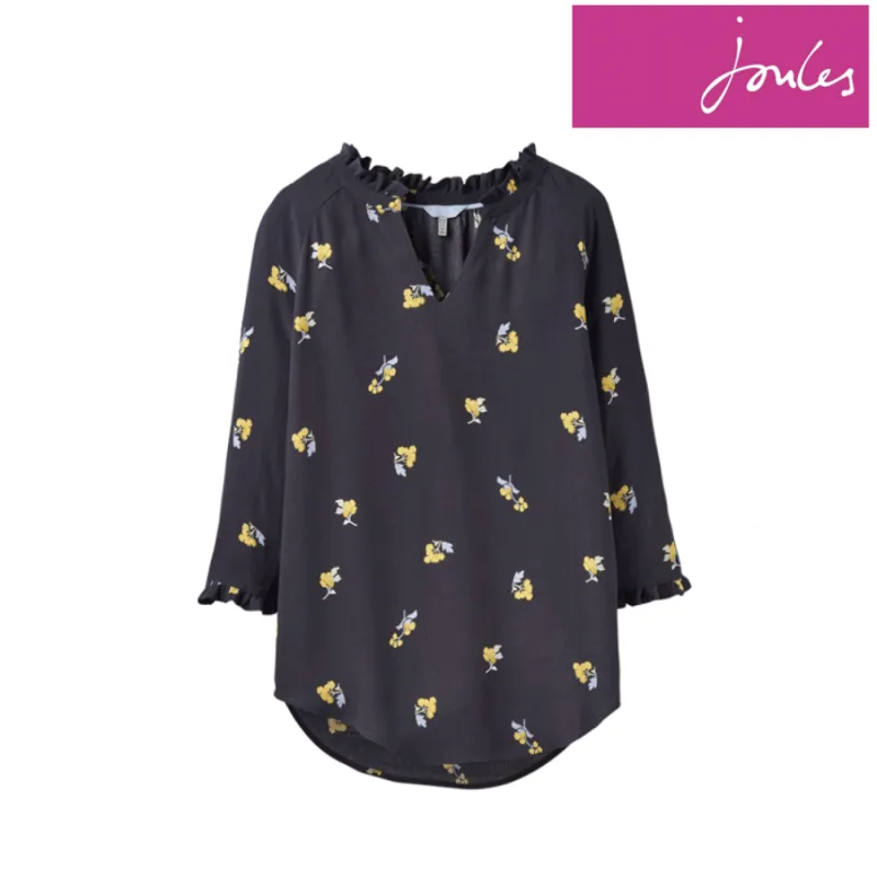 Joules Bethan Pop Over Shirt With Ruffle Detail - Grey Pom Floral