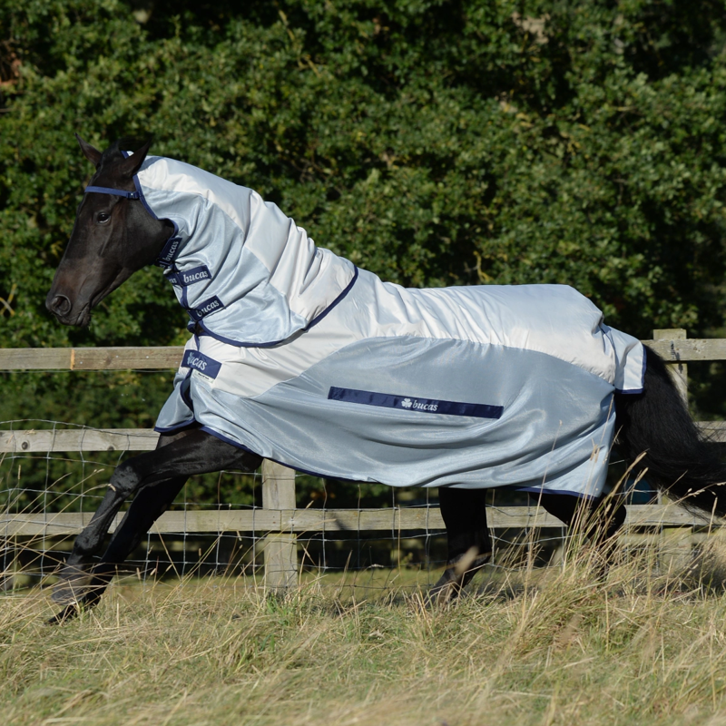 Bucas Buzz-off Rain Detachable Neck Waterproof Fly Rug  - Silver/Blue-2