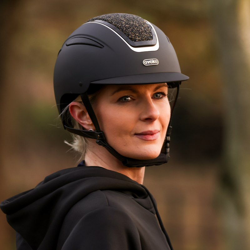 Evoke Callisto Classic Peak Riding Hat - Black/Gold Crystal-4