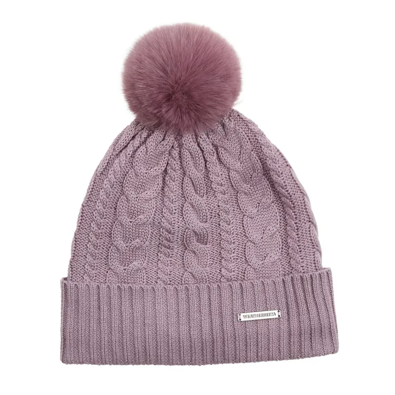 WeatherBeeta Cable Knit Pom Pom Beanie - Dusty Mauve