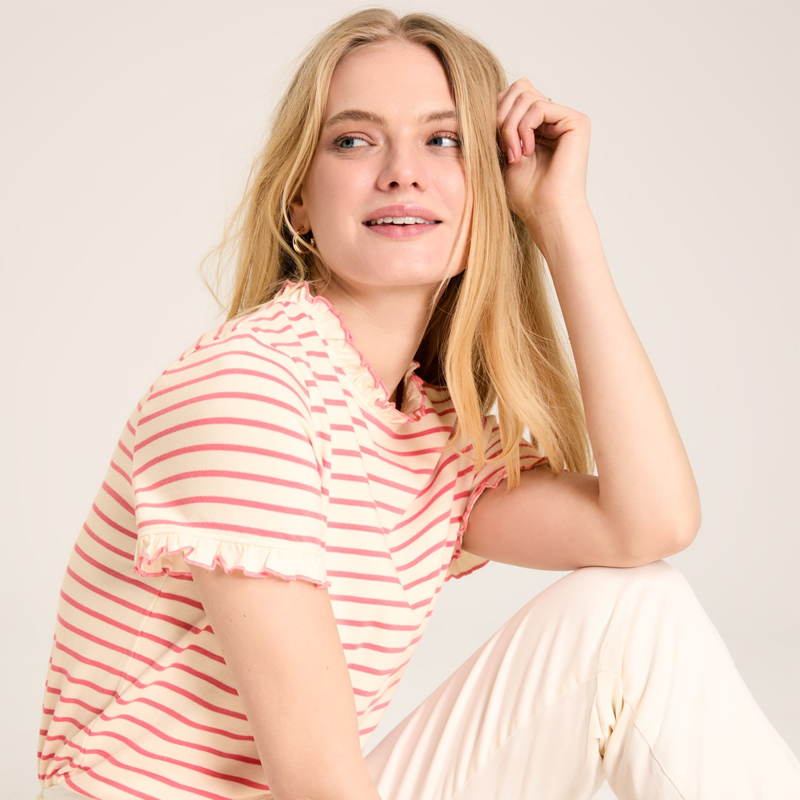 Joules Daisy Short Sleeve Ladies Frill Top - Pink Cream Stripe-3