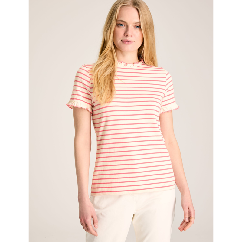 Joules Daisy Short Sleeve Ladies Frill Top - Pink Cream Stripe-1