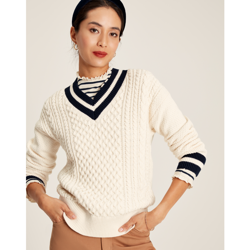 Joules Women's Dawson V-Neck Cricket Jumper - Creme Navy-1