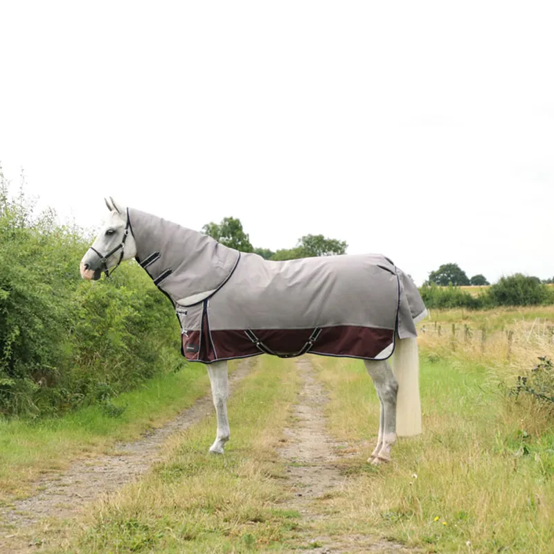 Hy DefenceX System 300g Turnout Rug With Detachable Neck Cover - Grey/Berry/Navy