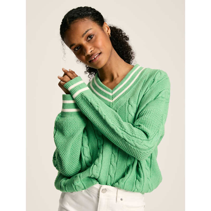 Joules Ladies Dibbly Cable Knit Cricket Jumper - Green-1