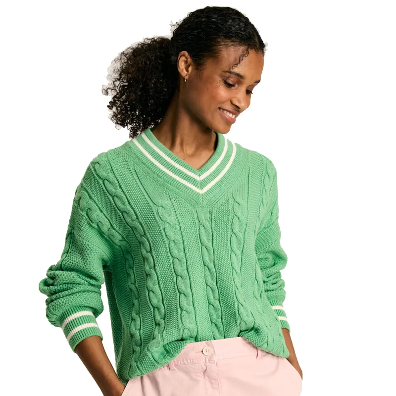 Joules Ladies Dibbly Cable Knit Cricket Jumper - Green
