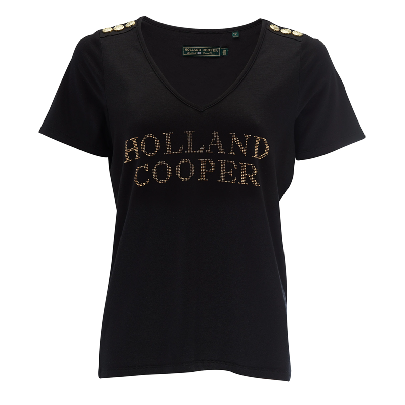 Holland Cooper Diamante Vee Neck Tee - Black-2