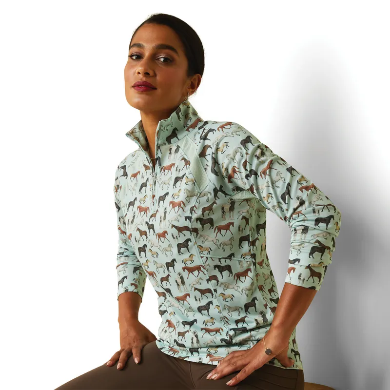 Ariat Women's Sunstopper 2.0 1/4 Zip Baselayer - Aqua Foam Herd Print