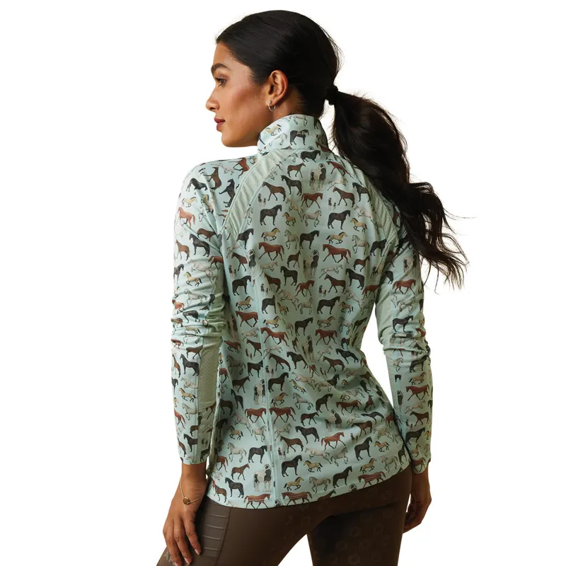Ariat Women's Sunstopper 2.0 1/4 Zip Baselayer - Aqua Foam Herd Print-1