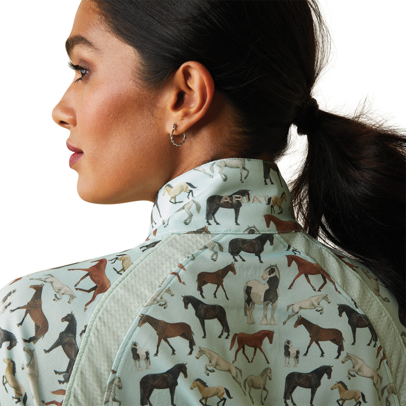 Ariat Women's Sunstopper 2.0 1/4 Zip Baselayer - Aqua Foam Herd Print-2