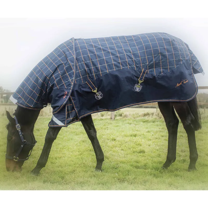 Mark Todd Mediumweight Plaid Turnout Rug - No Neck - Navy/Orange/Beige