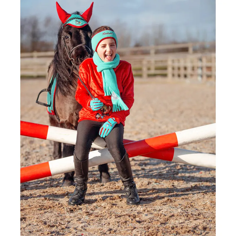 Hy Equestrian Thelwell Collection The Greatest Fleece Headband And Scarf Set - Turquoise/Red-1