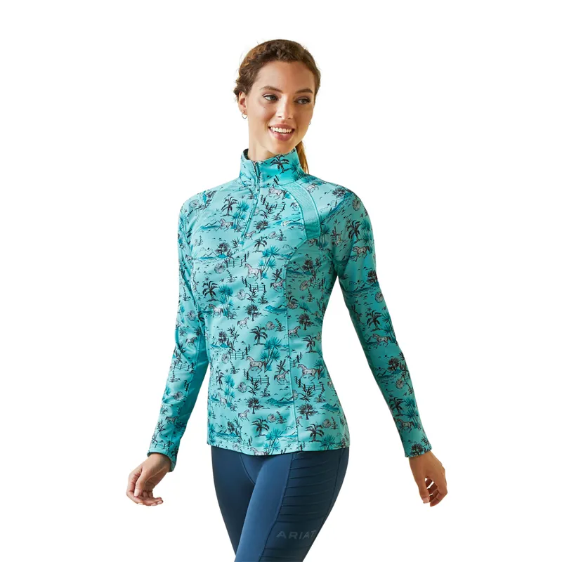 Ariat Women's Sunstopper 2.0 1/4 Zip Baselayer - Pool Blue Oasis Print