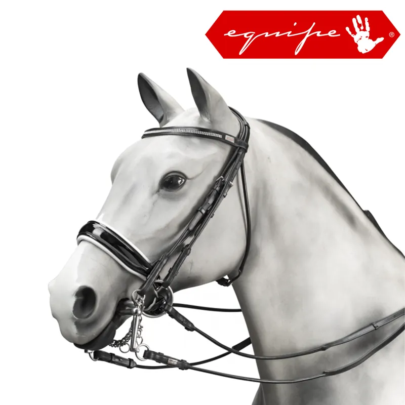 Equipe Rolled Double Bridle With Diamante Brow Band - Black