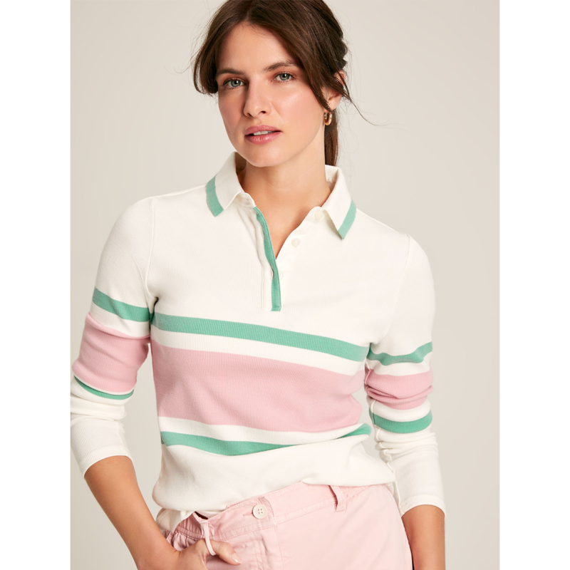 Joules Fairfield Ladies Long Sleeve Ribbed Polo - Pink Cream Stripe-2