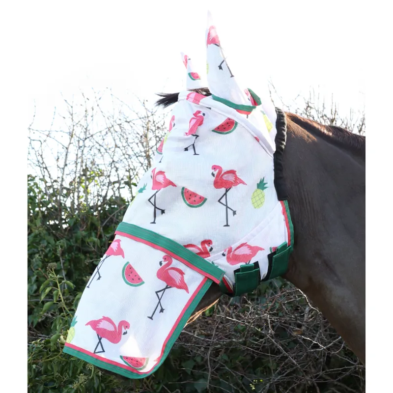 Hy Equestrian Flamingo Fly Mask with Ears and Detachable Nose - Green/White/Pink