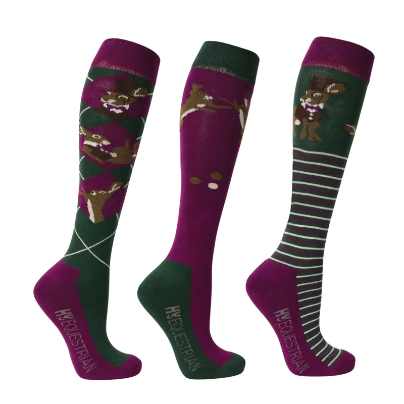 Hy Equestrian Harrison the Hare Socks - Pack of 3 - Moss Green/Boysen Berry