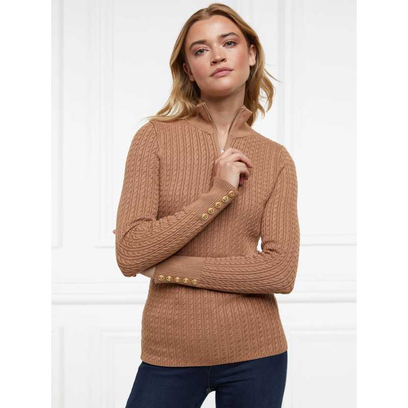 Holland Cooper Ava Half Zip Knit - Dark Camel Marl-1