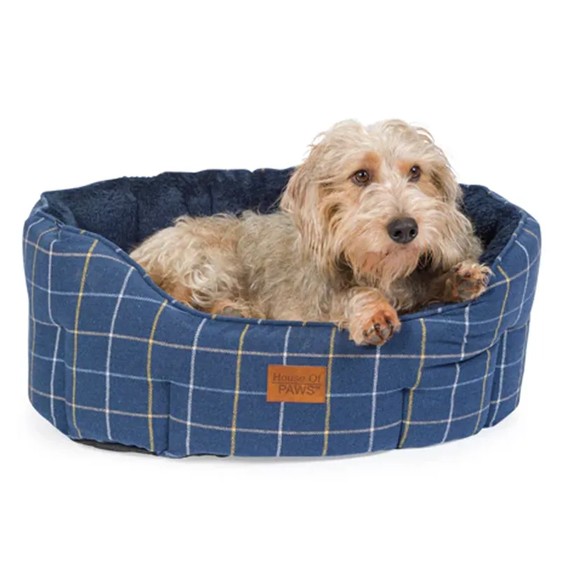 House Of Paws Check Tweed Oval Snuggle Bed - Navy