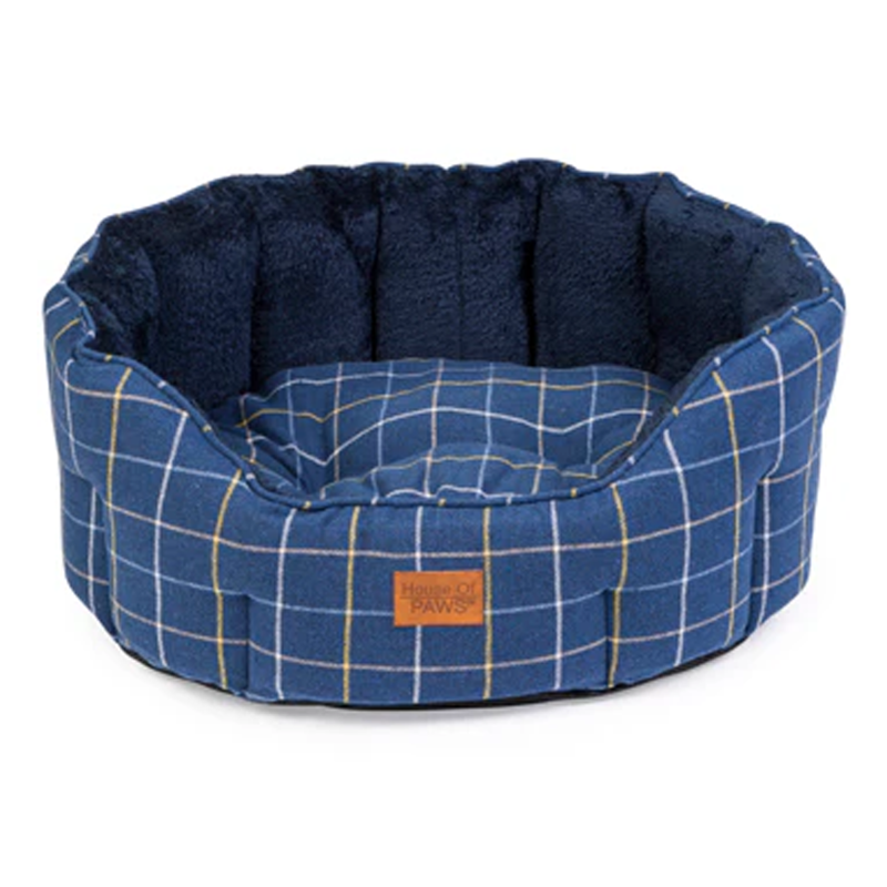 House Of Paws Check Tweed Oval Snuggle Bed - Navy-1