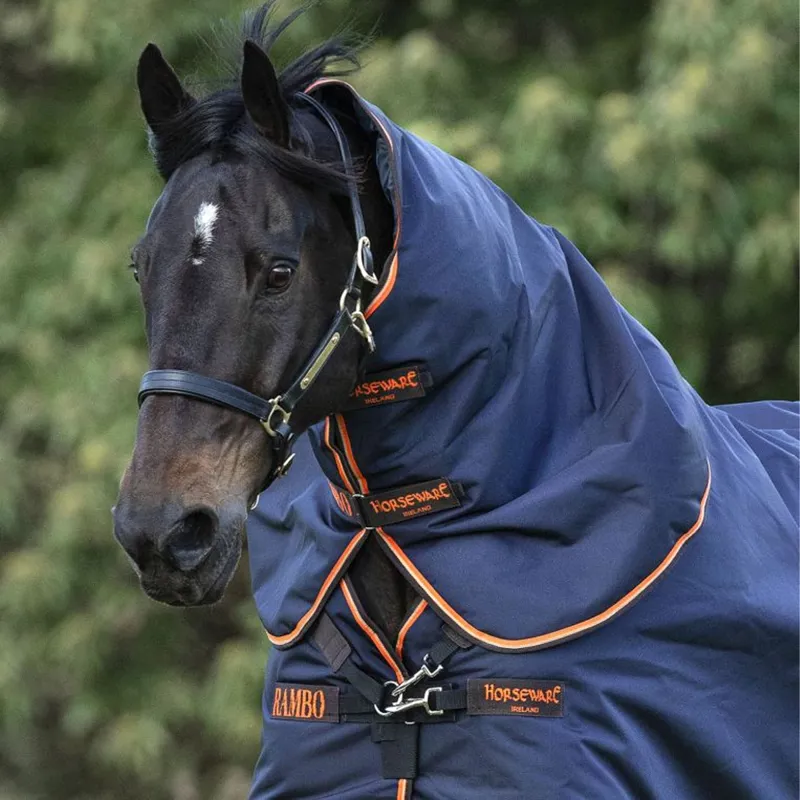 Horseware Rambo Original Lite 0g Turnout Hood - Navy/Orange/Tan/Brown