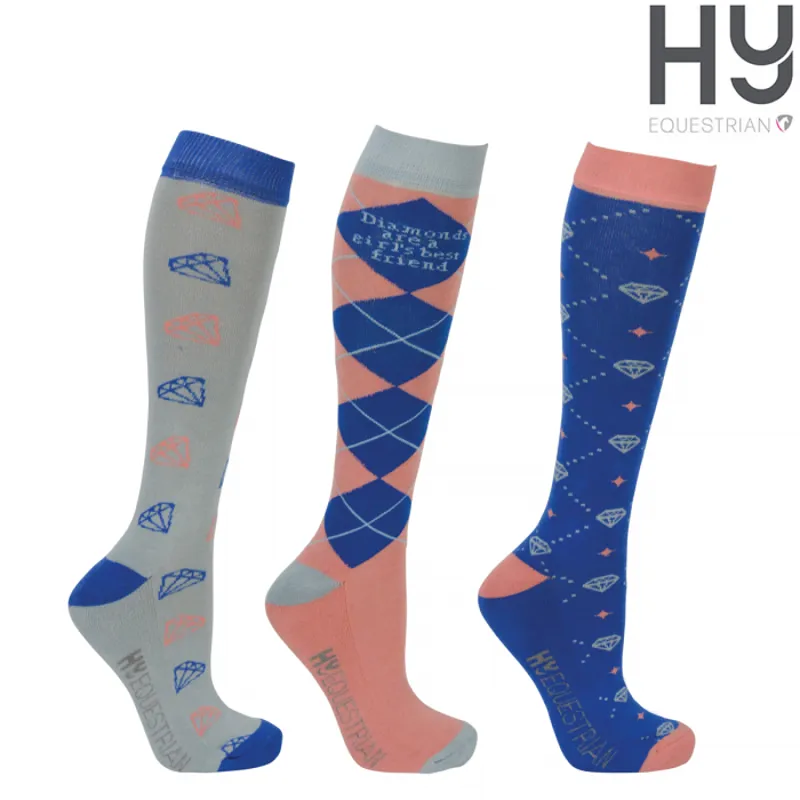 Hy Equestrian Diamond Socks 3 Pack - Electric Blue/Bright Coral/Grey
