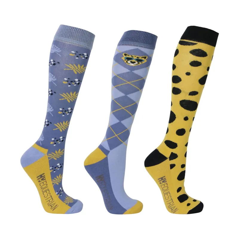 Hy Equestrian Chico the Cheetah Socks - Pack of 3 - Powder Blue/Gold/Classic