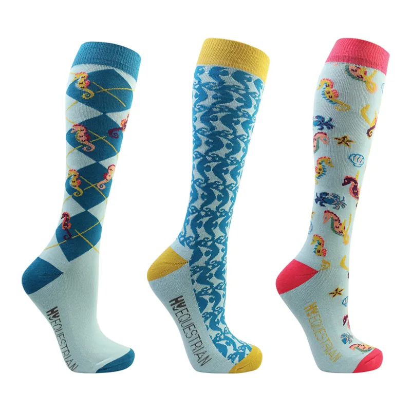 Hy Equestrian Shanti Seahorse Socks 3 Pack - Light Blue/Blue