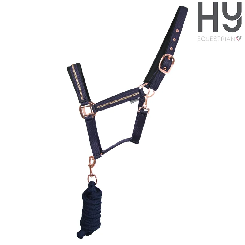 Hy Equestrian Sparkling Head Collar And Lead Rope Set - Navy/Rose Gold