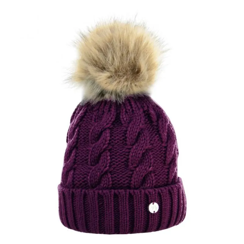 Hy Equestrian Melrose Cable Knit Bobble Hat - Damson