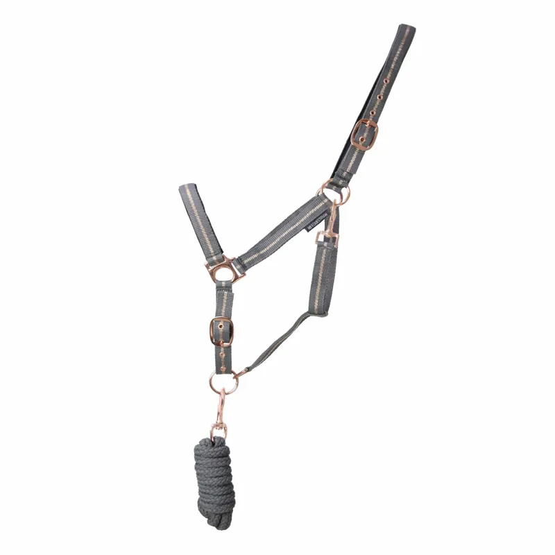 Hy Equestrian Rose Glitter Headcollar And Leadrope Set - Grey