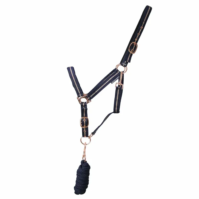 Hy Equestrian Rose Glitter Headcollar And Leadrope Set - Navy