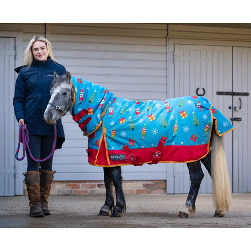 Hy StormX Original Jolly Elves 200 Combi Turnout Rug - Winter Blue/Festive Red-3