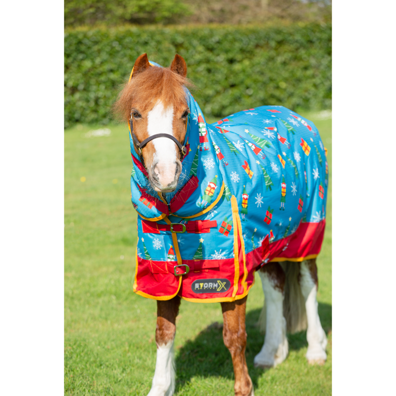 Hy StormX Original Jolly Elves 200 Combi Turnout Rug - Winter Blue/Festive Red-2
