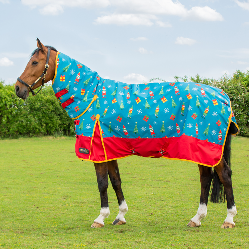 Hy StormX Original Jolly Elves 200 Combi Turnout Rug - Winter Blue/Festive Red-1