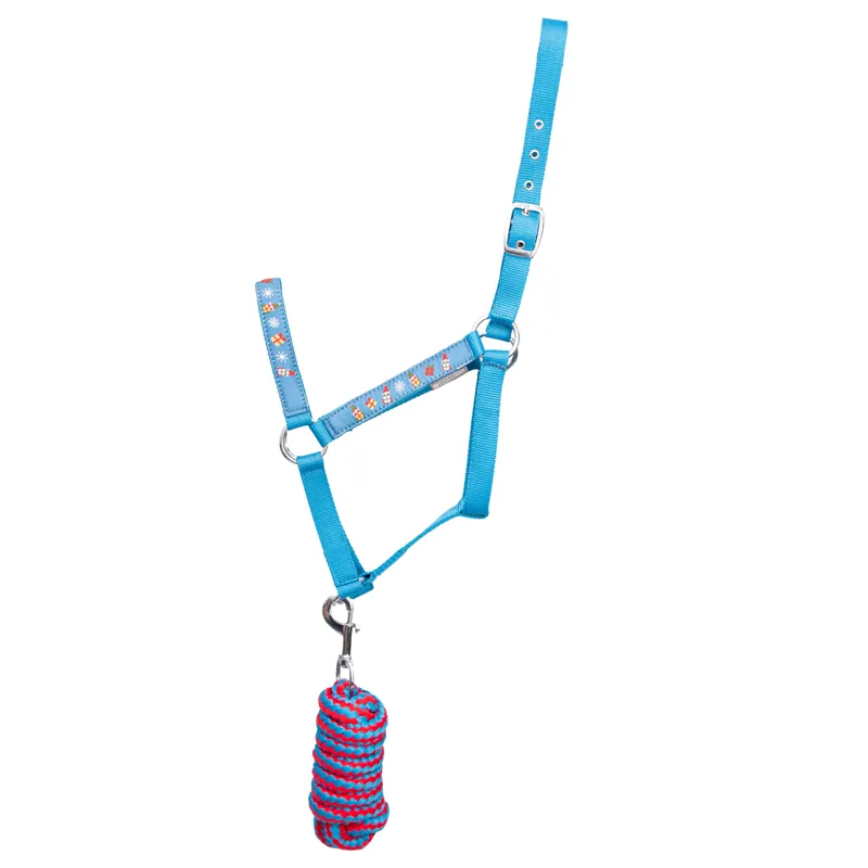 Hy Equestrian Jolly Elves Headcollar and Leadrope Set - Winter Blue/Festive Red