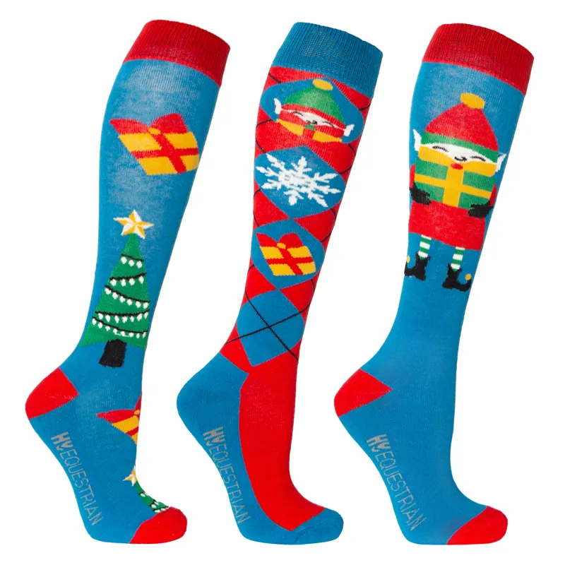 Hy Equestrian Jolly Elves Socks - Pack Of 3 - Winter Blue/Festive Red 