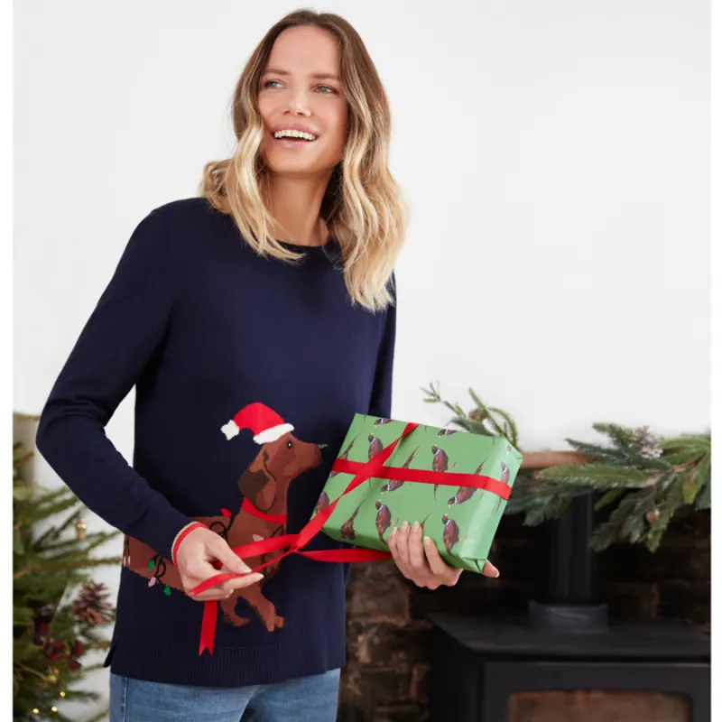 Joules Festive Crew Neck Intarsia Block Jumper - Navy Dog-2