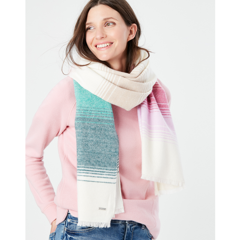 Joules Bridey Checked Warm Handle Scarf - Cream Pink Green Stripe-4