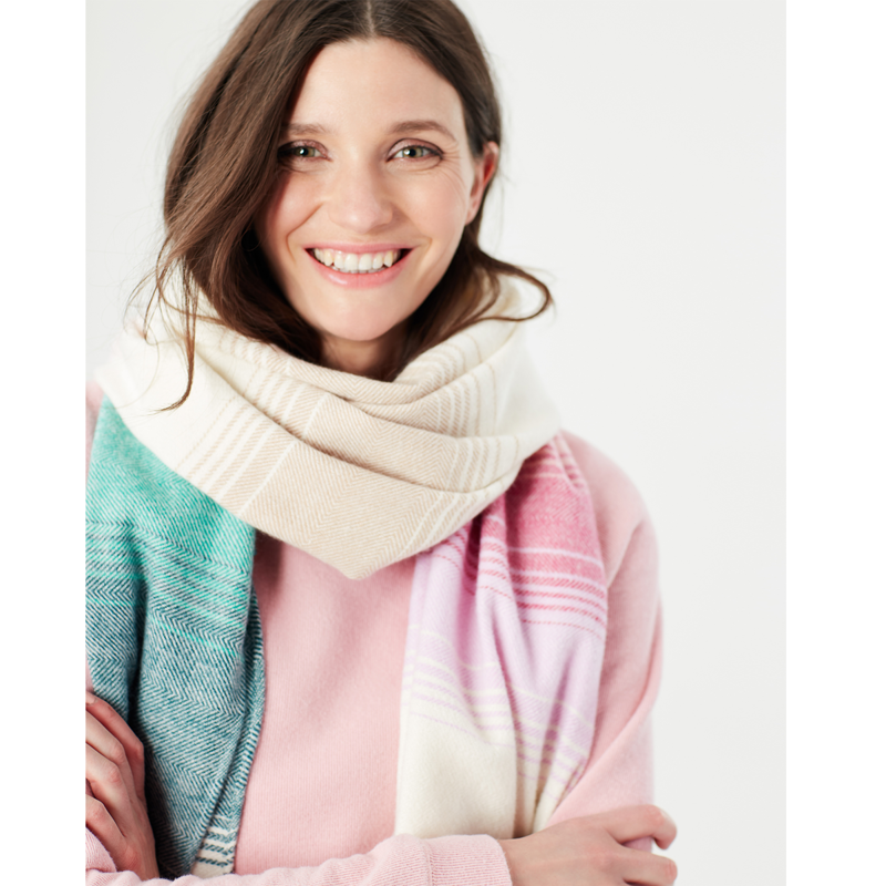 Joules Bridey Checked Warm Handle Scarf - Cream Pink Green Stripe-3