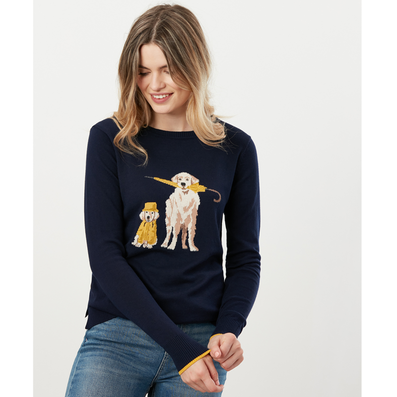 Joules Miranda Knitted Intarsia Crew Neck Jumper - Navy Dog-3