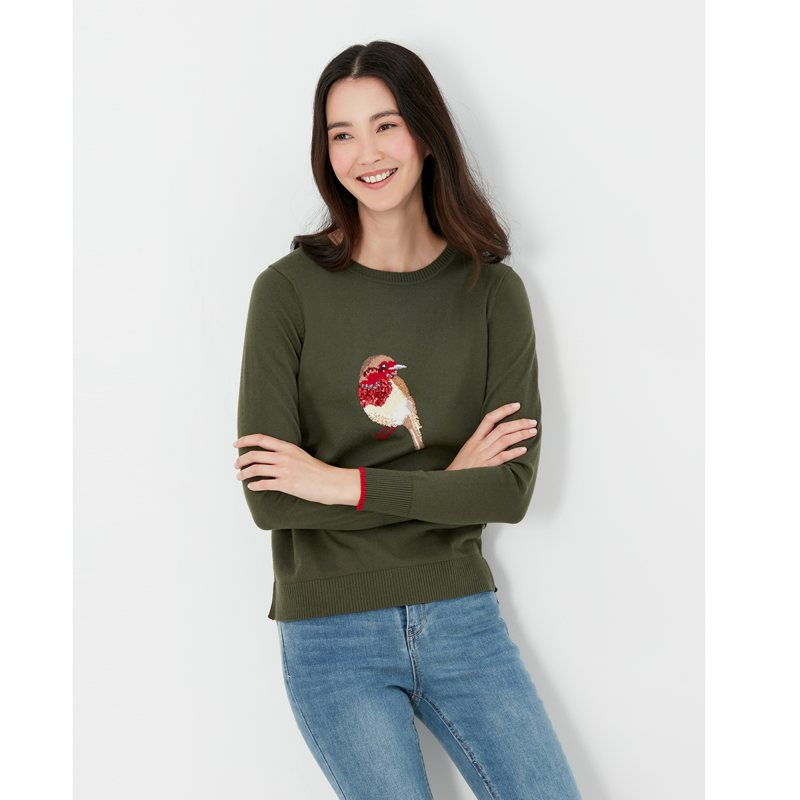 Joules Miranda Festive Intarsia Crew Neck Jumper - Green Robin-2